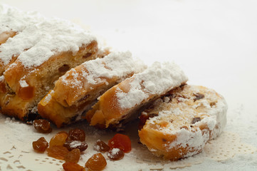 pieces of cake with raisins and nuts, homemade pastries sprinkle
