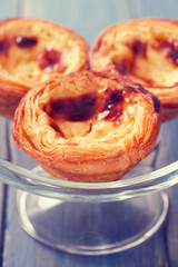 traditional portuguese cookies pasteis de nata on white dish on blue background
