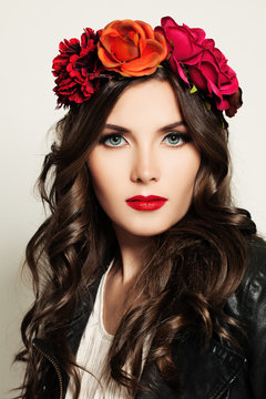 Beautiful Woman in Red Flowers Wreath