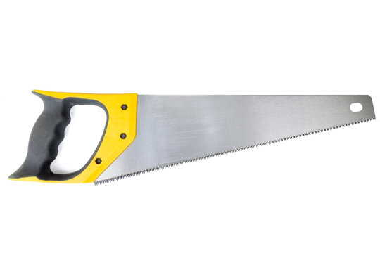 Handsaw with yellow-black handle isolated on a white background.