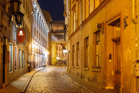 Night street in the Old Town of Riga, Latvia