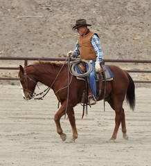A cowboy doing training exercises on his horse in an arena.