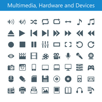 Multimedia, Hardware and Devices Icons. 56 glyph icons. Build on 16px grid pixel perfect.