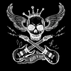 Rock and roll skull guitar on black. Hand drawing.
