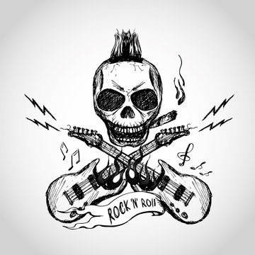 Rock And Roll Skull Guitar . Hand Drawing.