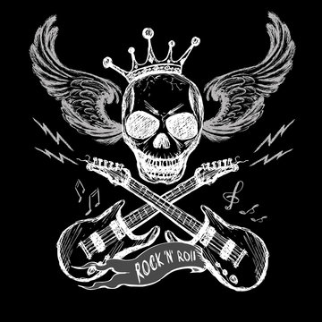 Rock And Roll Skull Guitar On Black. Hand Drawing.