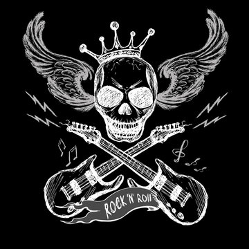 Rock and roll skull guitar on black. Hand drawing.