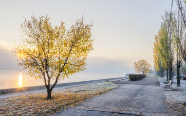 Autumn view of the embankment of the Dnieper River in the early morning at sunrise