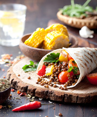 Vegan tortilla wrap, roll with grilled vegetabes, lentil, corn cob.