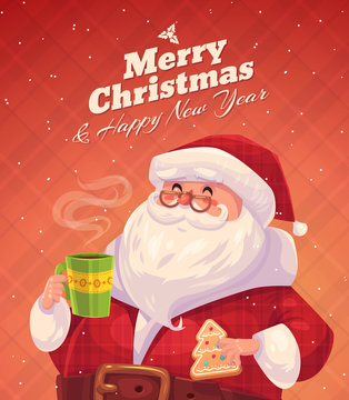 Funny santa. Christmas greeting card background poster. Vector illustration