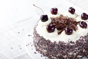 Black forest cake, Schwarzwald pie, dark chocolate and cherry dessert.