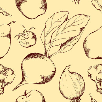 Vegetable fruit beige brown monochrome ink hand drawn seamless pattern texture background