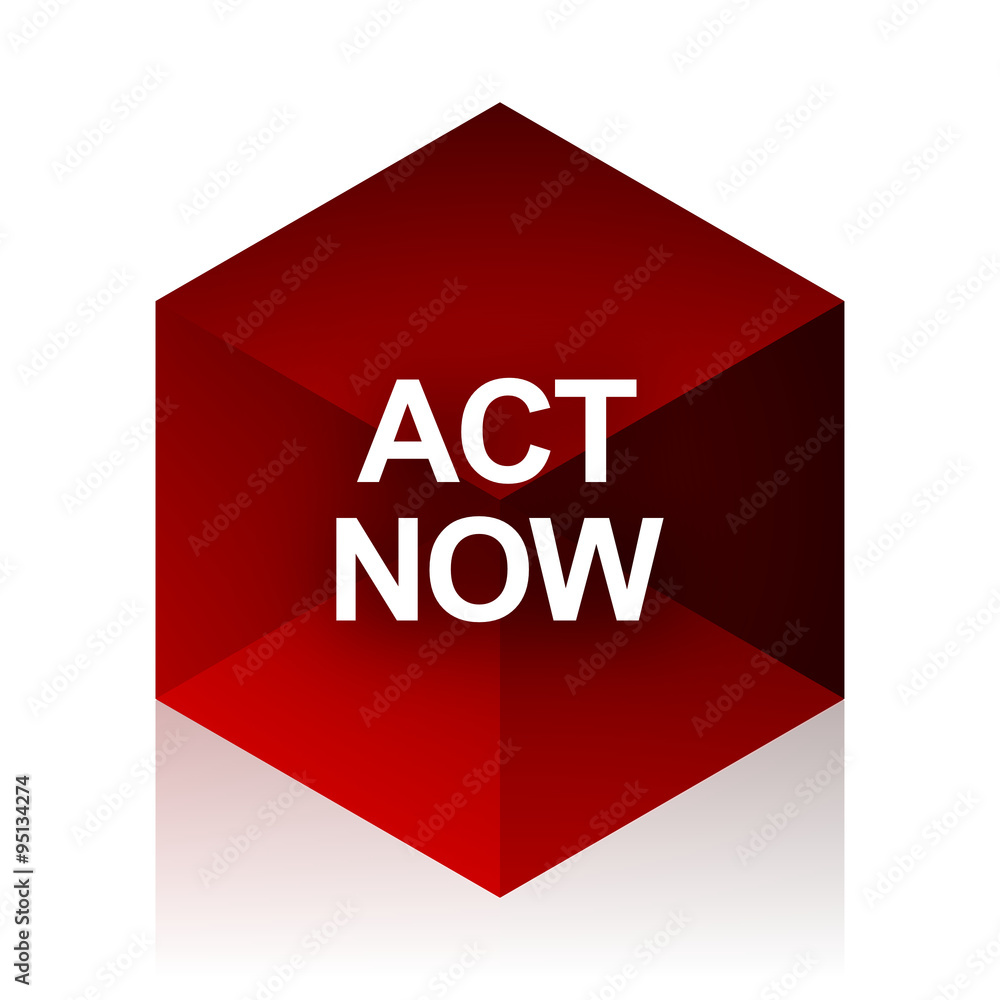 Poster act now red cube 3d modern design icon on white background
