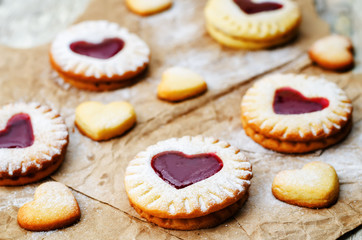 Shortbread with the shape of a heart and berry jam
