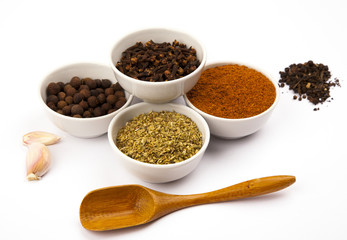 Different spices in white dishes