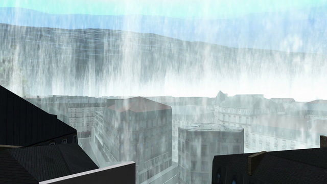 tsunami and high waves over 3d city