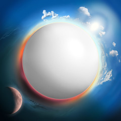 white sphere like planet with sun and moon