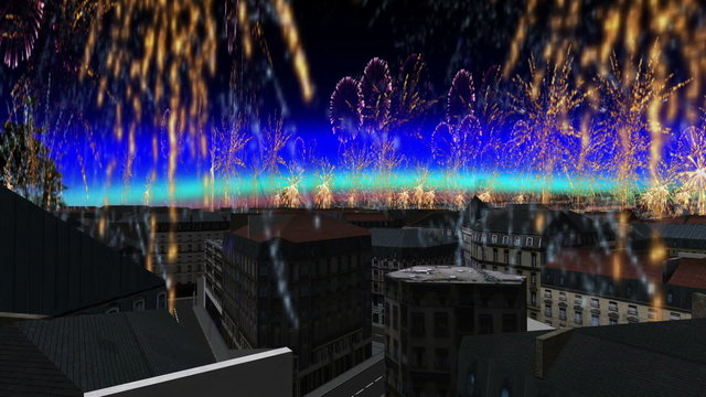 fireworks over 3d city sky at night