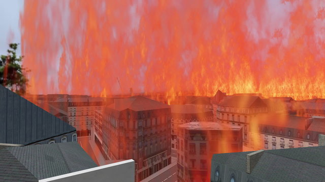 burning 3d cityscape with fire flames 