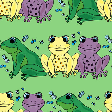 Illustration should be different than that. Colored frogs. Seamless pattern.