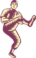 Fototapeta premium Baseball Pitcher Throwing Ball Woodcut