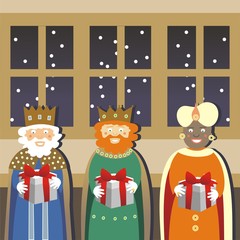 Los Reyes Magos de oriente con regalos delante de una ventana