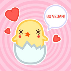 Go vegan vector card, background and stickers with cute chicken and hearts