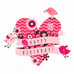 Happy birthday vector card in pink and brown colors with birds, flowers, ribbon and heart