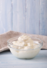 Glass bowl of thick yogurt