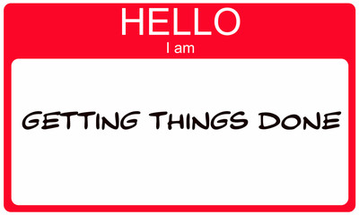 Hello I am Getting Things Done red name tag
