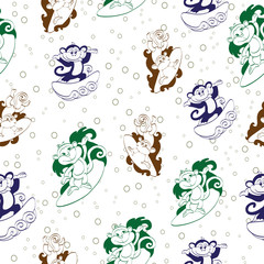 Vector Blue Green Brown Surfing Monkeys Seamless Pattern. Funnuy Jumping