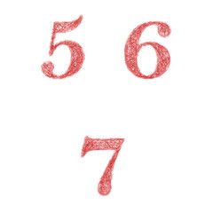 Red sketch font set - numbers 5, 6, 7