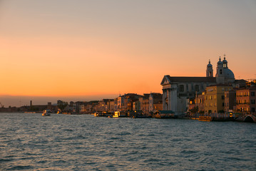 Panorama of Venice view at sunset from the sea.