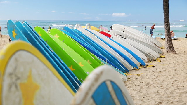 Close up of racks of surfboards at waikiki, hawaii