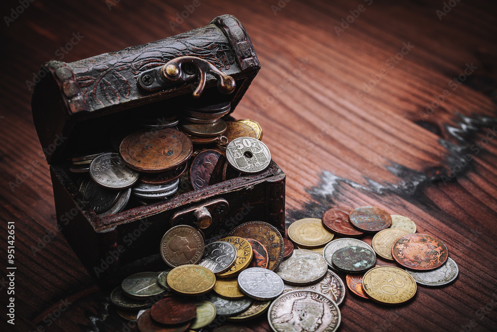 Wall mural old coins in chest