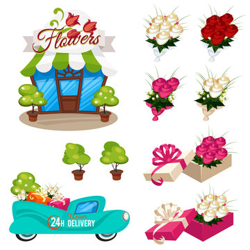 Set of icons shop flowers, bouquets of roses, car delivery