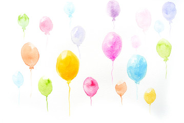 Colorful balloons on white, watercolor painting