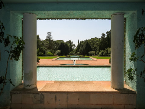 Villa and fountain in Serralves Gardens in the city of Porto, Portugal