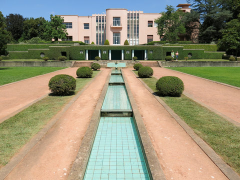 Villa and fountain in Serralves Gardens in the city of Porto, Portugal