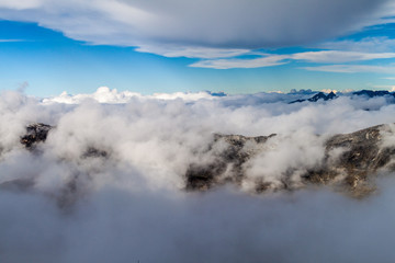 Fototapeta na wymiar View of Cordillera Real mountain range from high camp of climbers under Huayna Potosi mountain in Bolivia