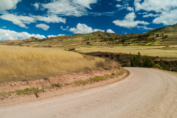 Road in cereal fields near Maras village, Sacred Valley, Peru