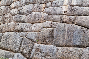 Detail of a wall at ruins of Inca's ceremonial stone bath Tambomachay near Cuzco, Peru