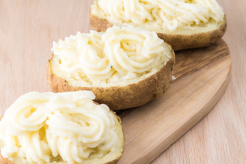 Creamy garlic twice baked potatoes.