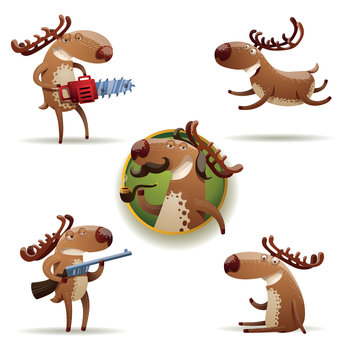 Vector Cute deers set. Cartoon image of five cute brown deers in different poses and with different tools on a white background.