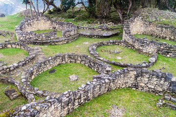 Ruins of round houses of Kuelap, ruined citadel city of Chachapoyas cloud forest culture in mountains of northern Peru.