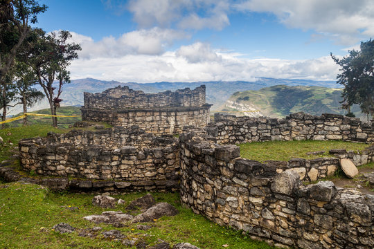 Ruins of round houses of Kuelap, ruined citadel city of Chachapoyas cloud forest culture in mountains of northern Peru.