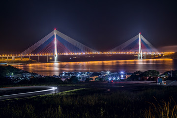 View of Russkiy bridge at night, Vladivostok,  Russia