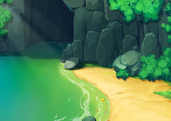 Illustration: What's there in the dark Cave? Realistic Cartoon Style Scene / Wallpaper / Background Design. 