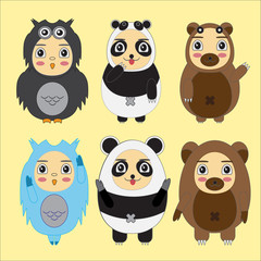 Vector set of cartoon kids in animal costumes. Cartoon icons col