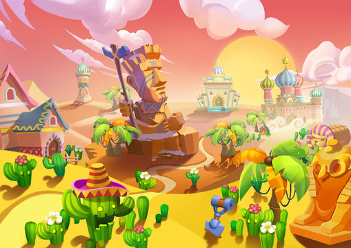 Illustration: The Desert City. At the Entrance, There is a Big Stone Guard. Realistic Cartoon Style Scene / Wallpaper / Background Design.